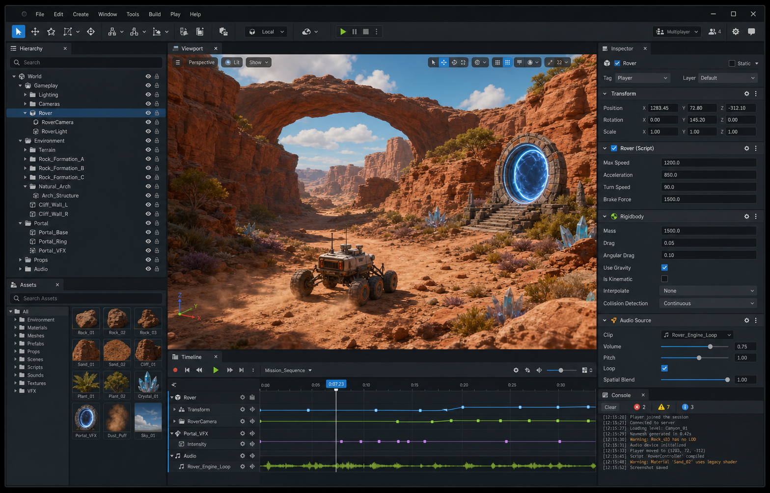3D game editor showing terrain, a vehicle, a portal, tools, assets, and timeline controls